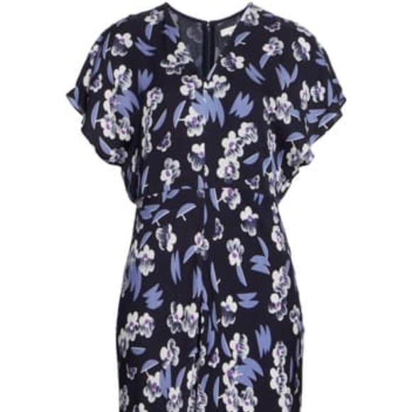 NWT Lewit Floral Print V-Neck Navy Night Cocktail Casual Flutter Sleeve Dress 14 - Picture 5 of 6
